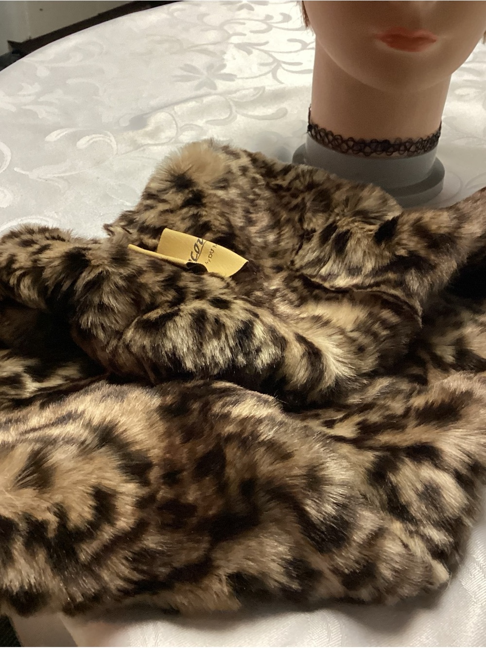 Faux Fur Leopard Print Scarf in Brown